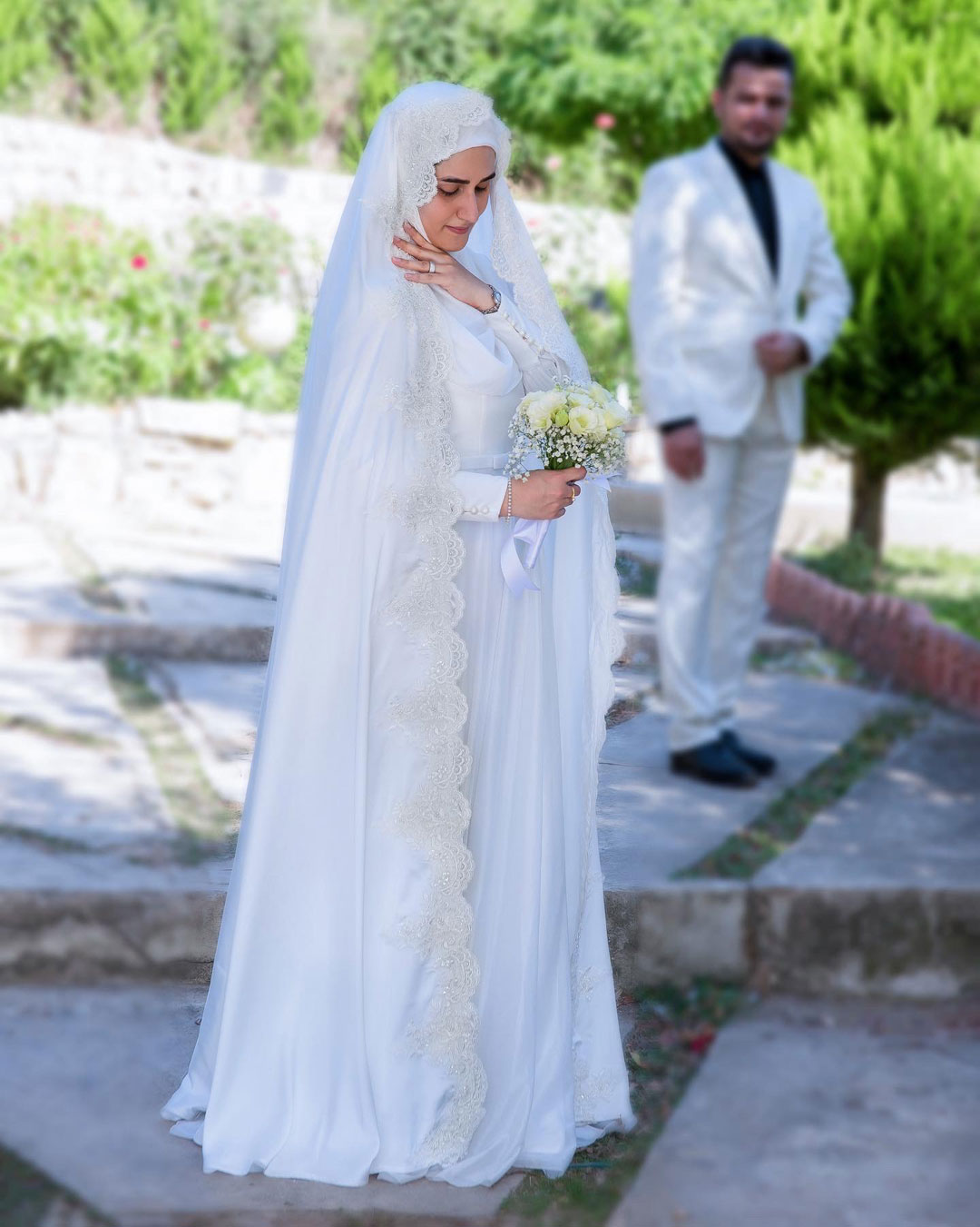 چادر عروس با نوار دانتل فرانسه بژ
