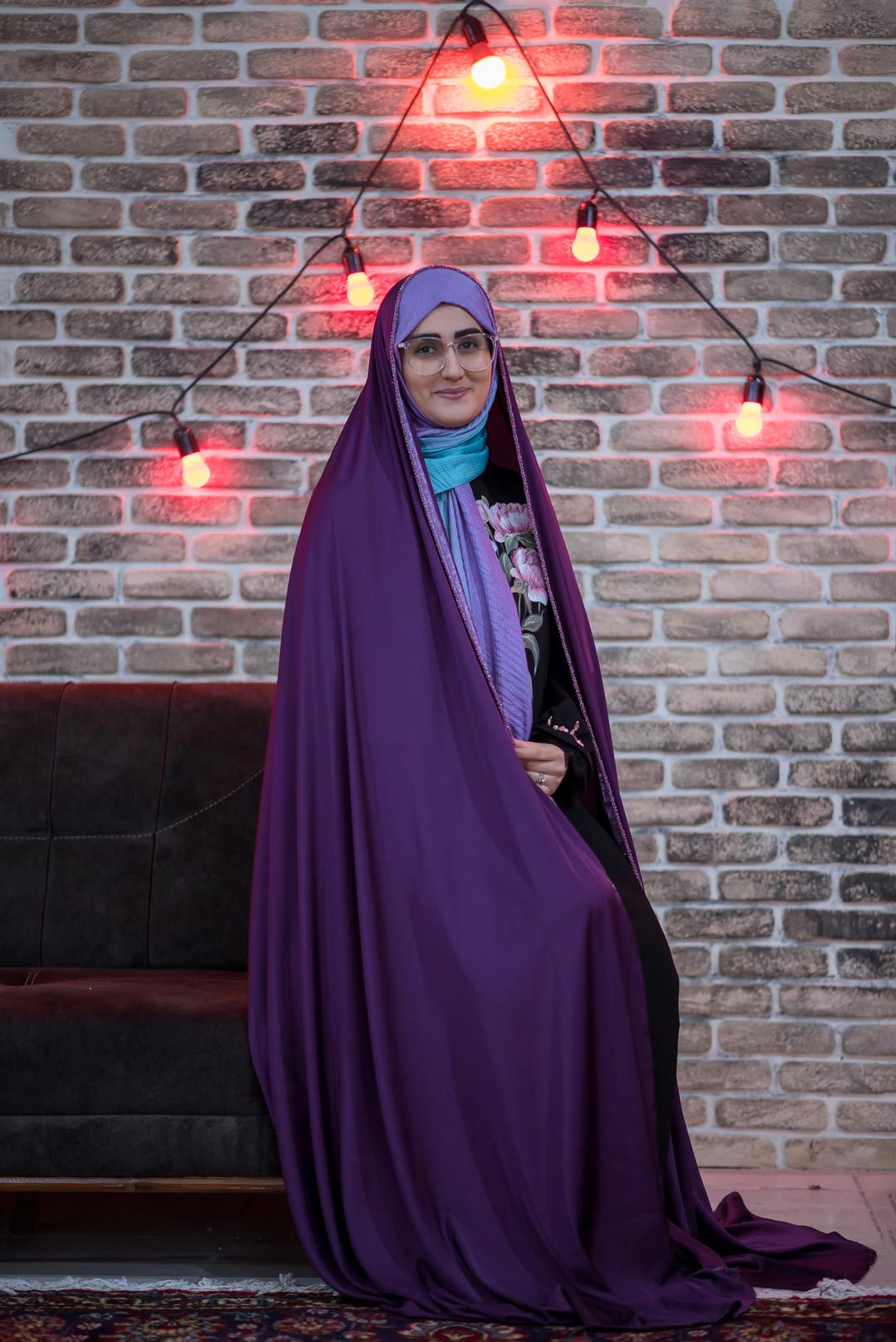 چادر مجلسی رنگ بنفش با نوار مغزی دوزی