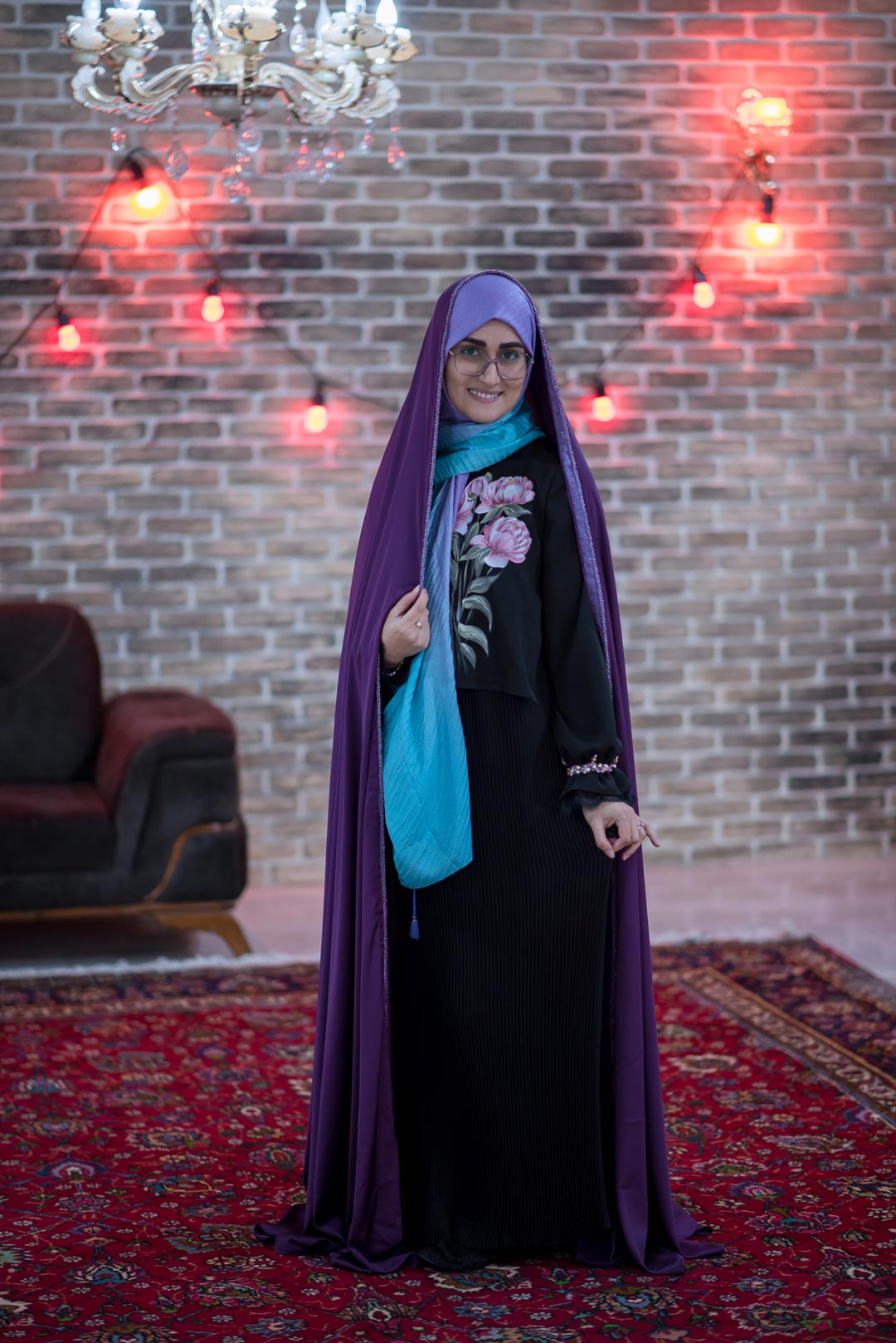 چادر مجلسی رنگ بنفش با نوار مغزی دوزی